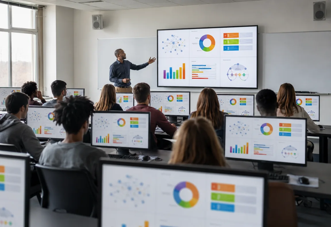 Teacher presenting a dashboard on the main classroom screen mirrored to every student workstation