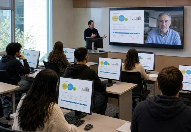 Classroom with a remote lecturer shown on the main display next to lesson content