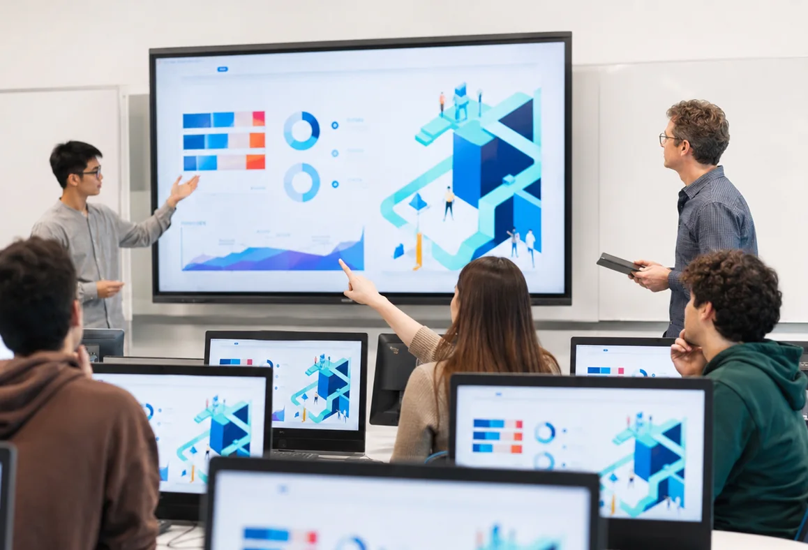 Students discussing a shared visual model on the classroom display