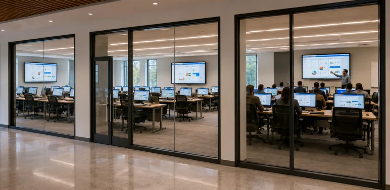 Campus corridor with several equipped classrooms