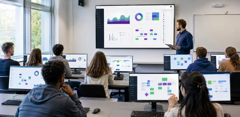 Lesson content shown across classroom displays