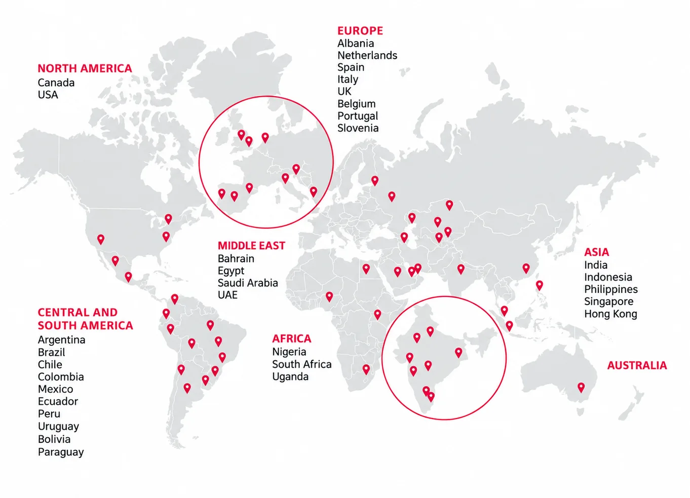 Map of Polywall implementation partners in North America, Central and South America, Europe, Middle East, Africa, Asia and Australia