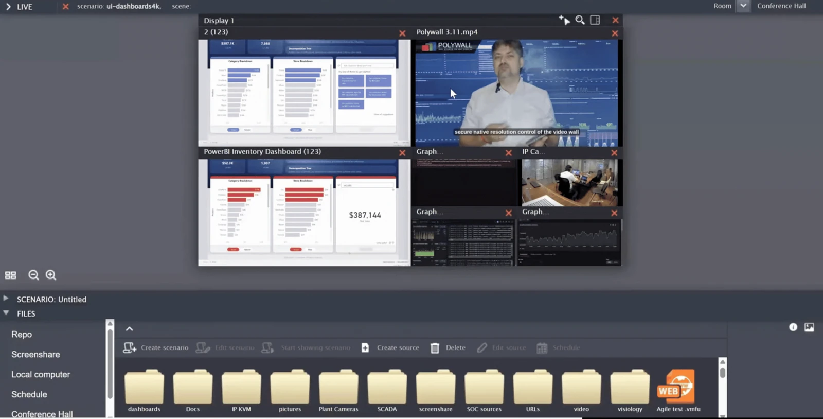 Polywall interface for managing dashboard sources and video wall layouts