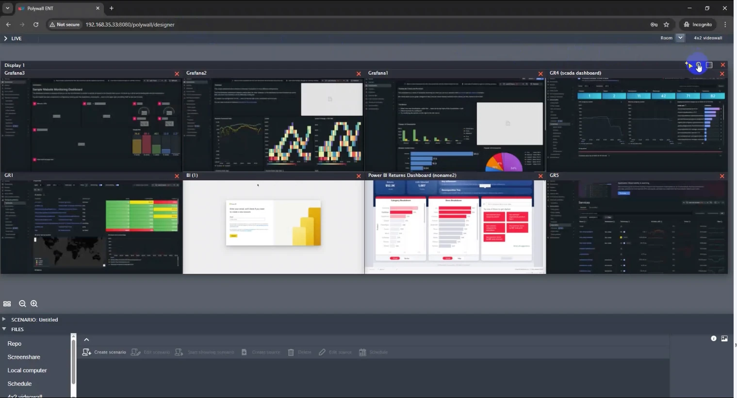 Polywall interface showing video wall layout setup with dashboards and visual sources