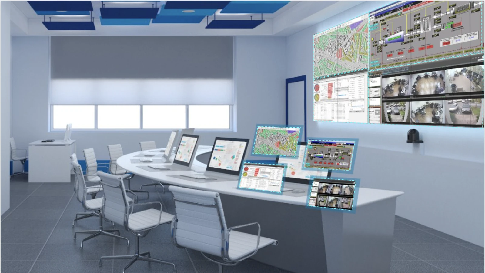 Sala de control con un video wall y puestos de operador que muestran mapas, dashboards y CCTV transmitidos por IP