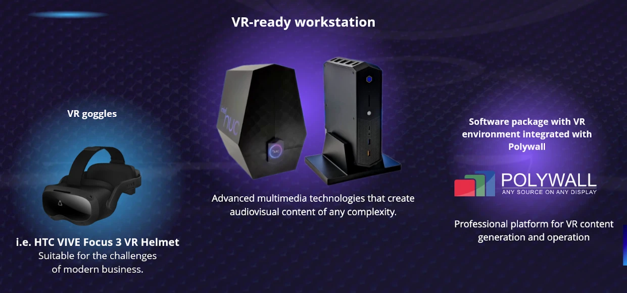 Polywall Personal VR Control Room kit: HTC VIVE Focus 3 goggles, a VR-ready workstation and Polywall VR software